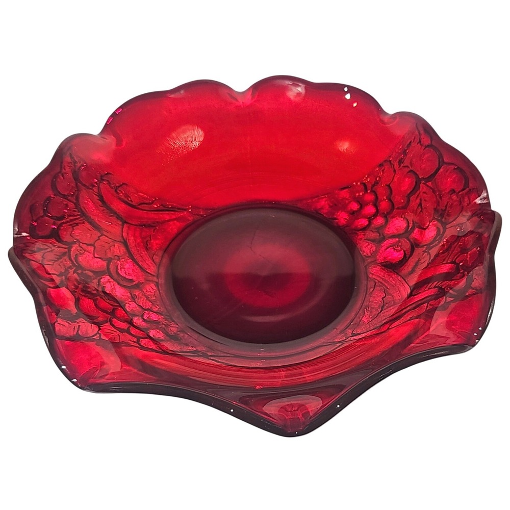 VTG Indiana Glass Deep Ruby Red Glass Ruffled Collar Fruit Bowl Cadmium Glow - Picture 3 of 9